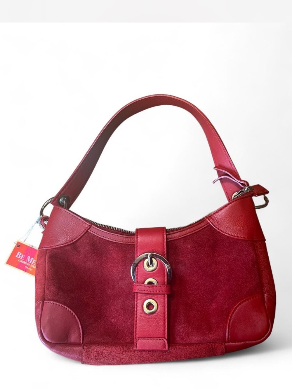 Red Suede & Leather Shoulder Bag with Buckle Detail